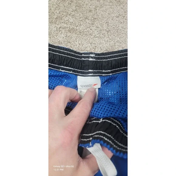 Speedo Swim Trunks Board Shorts w/ Liner Mens Med Black Blue Waves‎ Swimsuit - Picture 3 of 6
